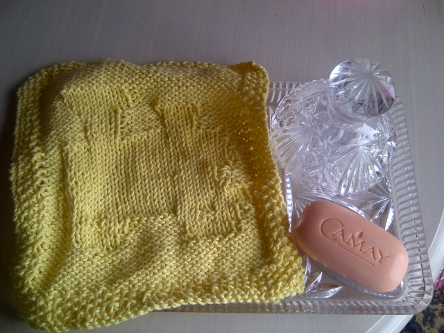 Cotton Soft Wash Cloth In Lemon With A Train - Ideal For Baby Or Childs Bathtime - Knitted In Scotland