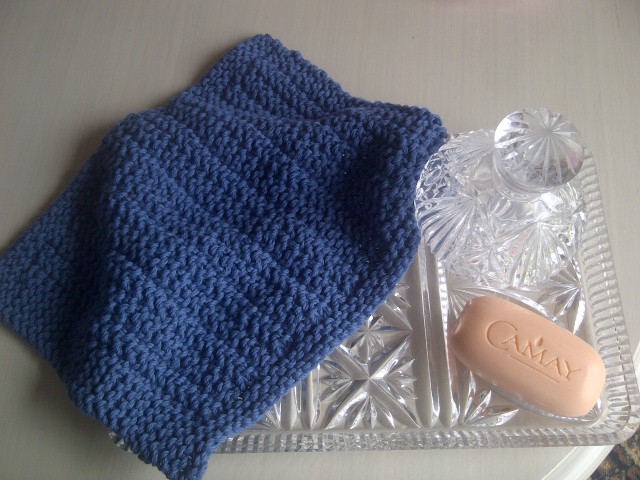 Blue Cotton Wash Or Dish Cloth - Hand Knitted In Scotland